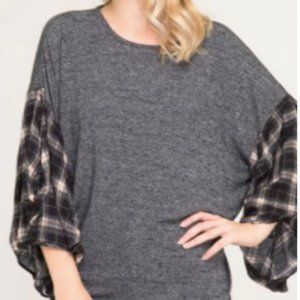 She + Sky Brown Plaid Bubble Sleeves Knitted Top